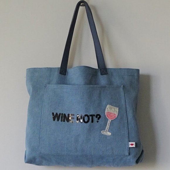Bow & Drape Handbags - New Bow & Drape ‘Wine not’ Blue Denim Tote Bag